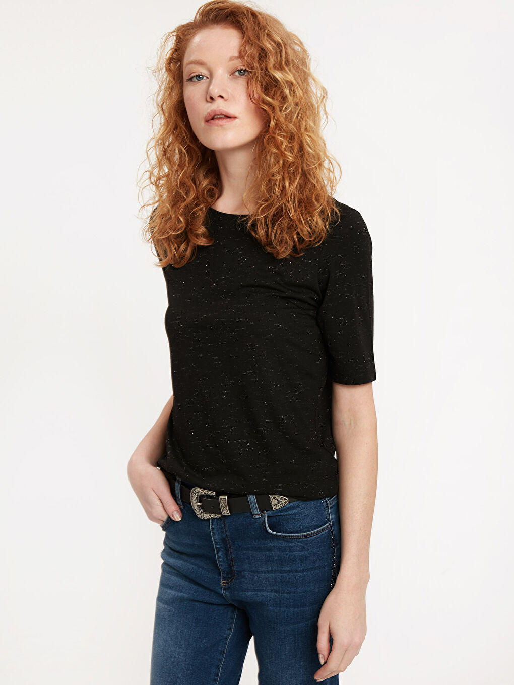 Футболка з круглим вирізом горловини, звичайним кроєм, коротким рукавом, однотонна текстурована для жінок