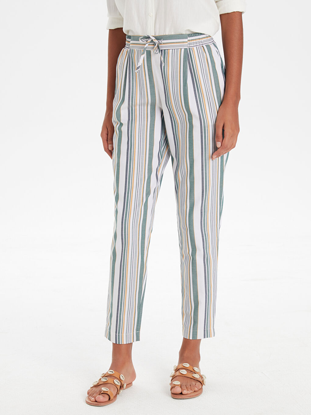 Yeşil Çizgili Viskon Kadın Pantolon-1