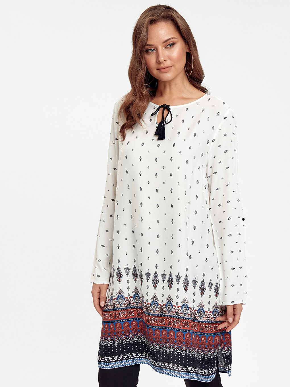 Ekru Baskılı Gömlek Tunik
