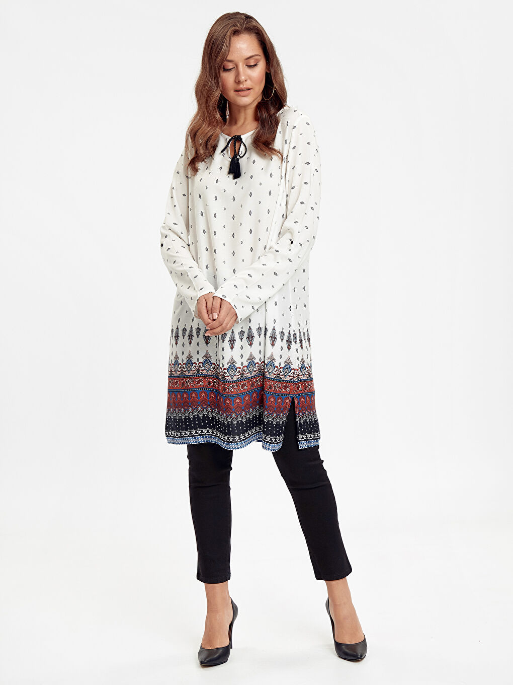 Ekru Baskılı Gömlek Tunik-2