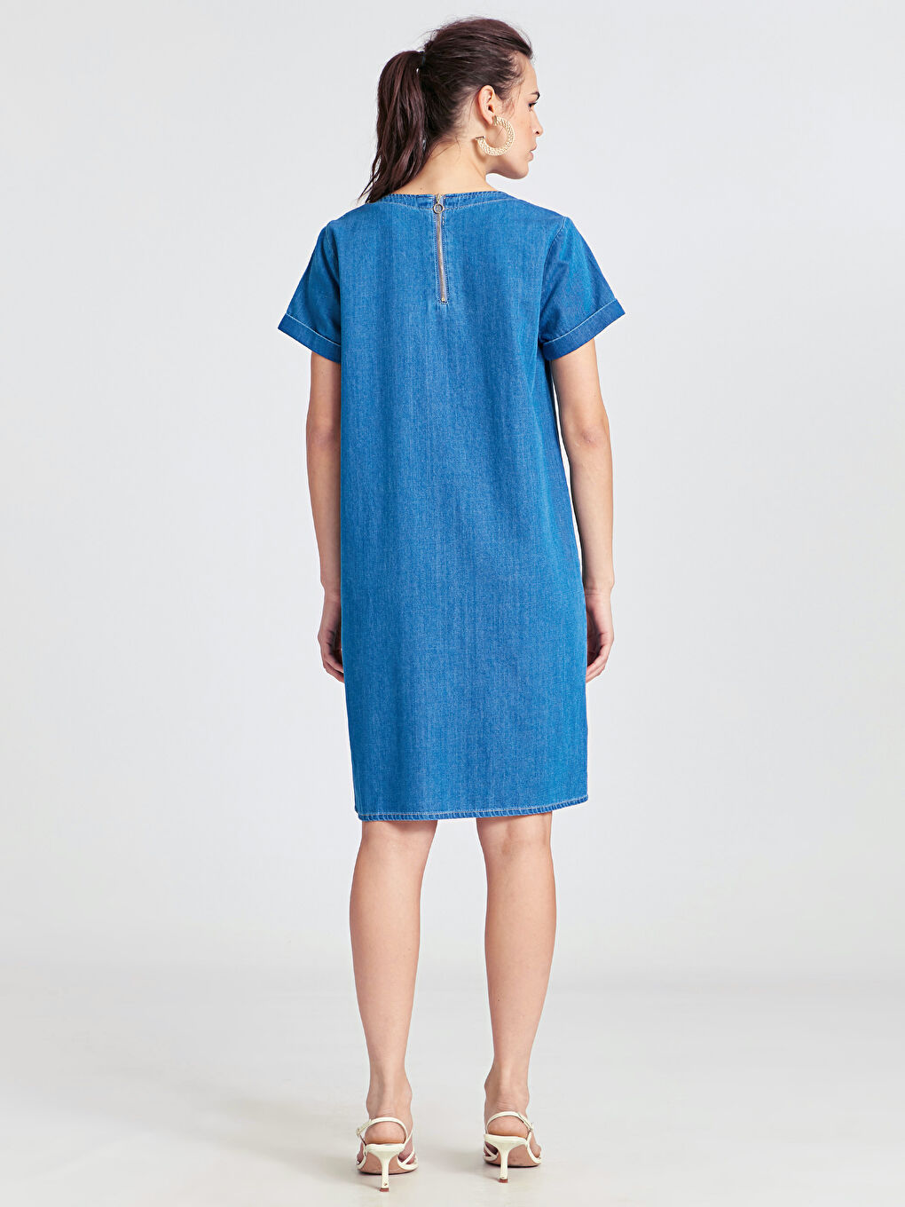 Bej Standart Fit Kısa Kollu Kadın Jean Elbise-2