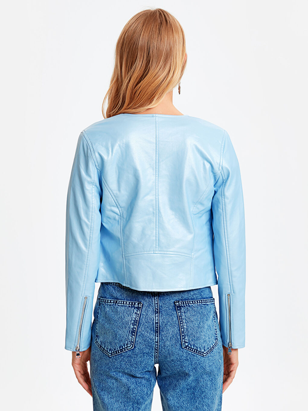 Açık Bebek Mavi Deri Görünümlü Mont-2