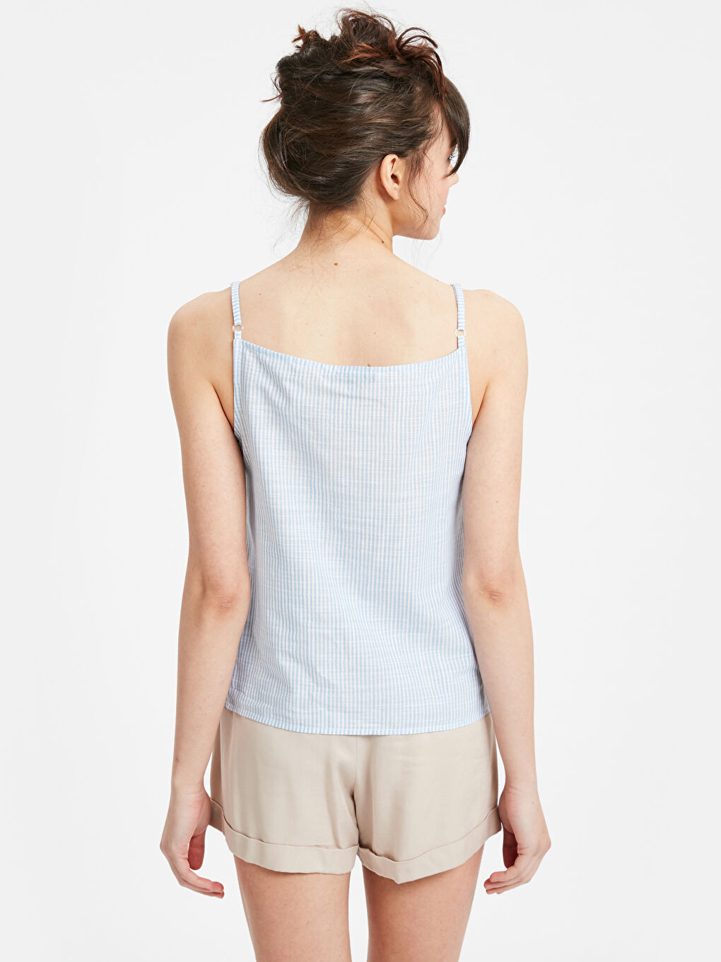 Mavi V Yaka Çizgili Askılı Poplin Kumaştan Kadın Bluz-1