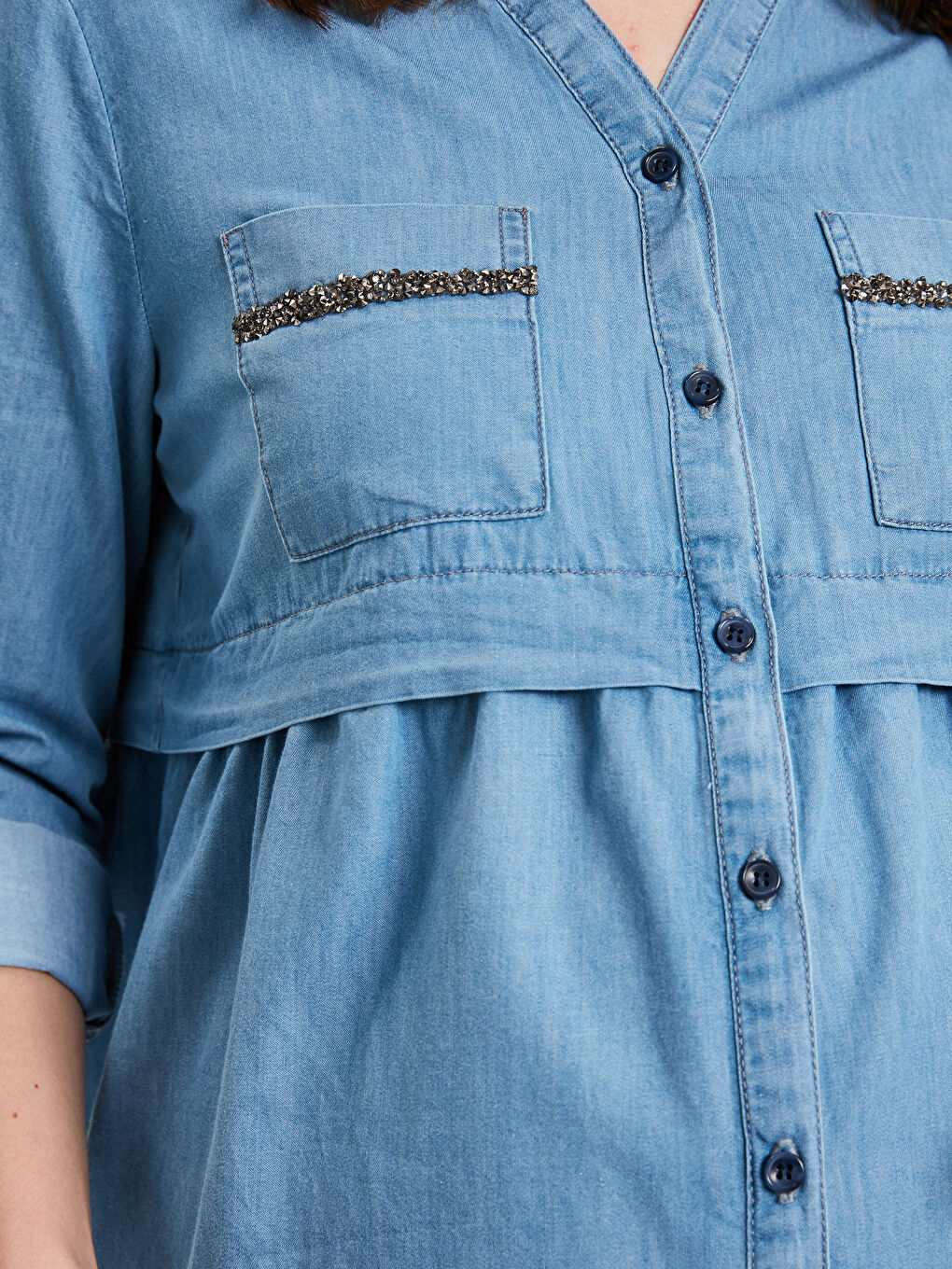 İndigo Hakim Yaka Kadın Jean Elbise-2