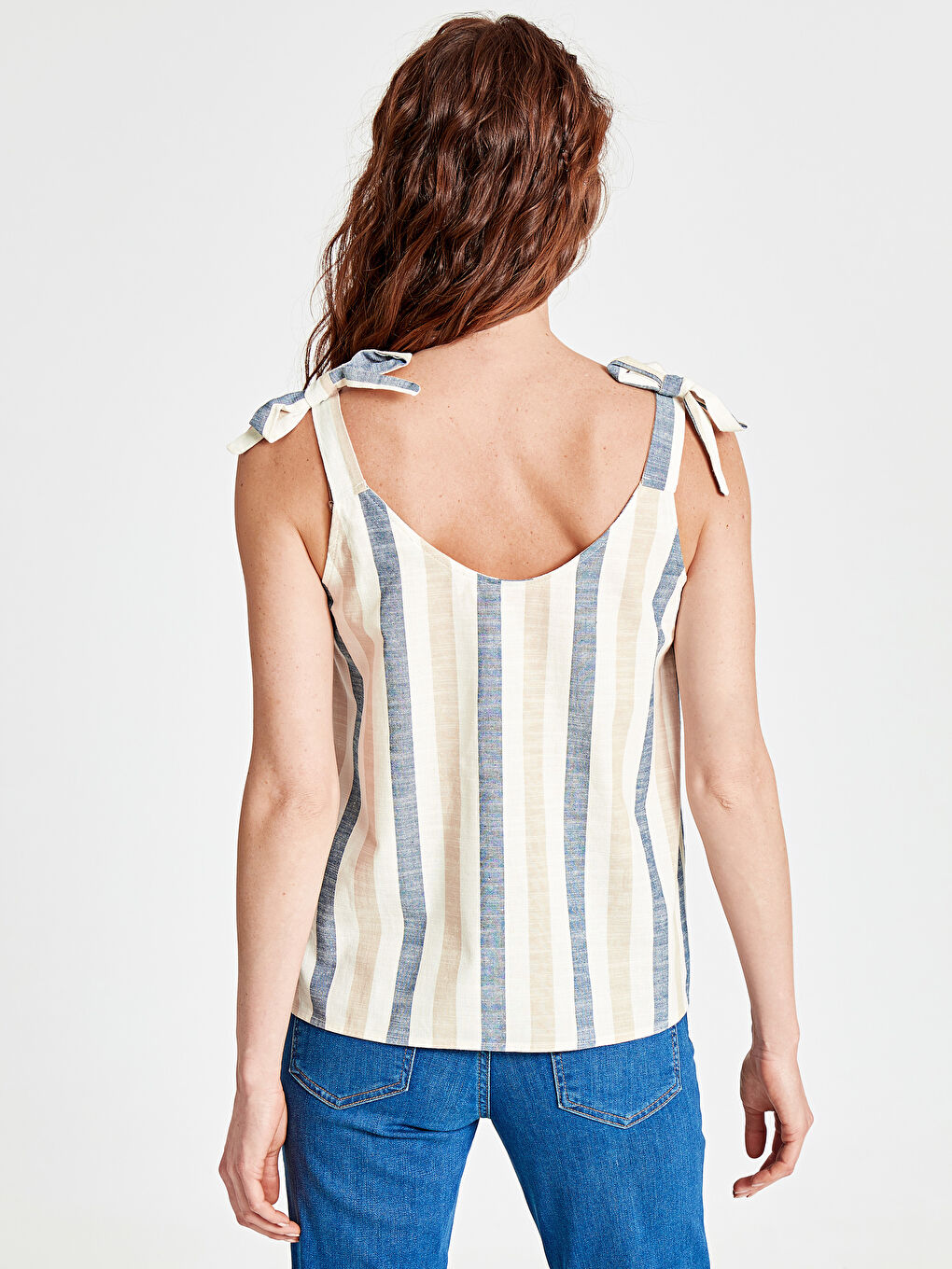 Lacivert Kadın U Yaka Çizgili Kolsuz Bluz-2