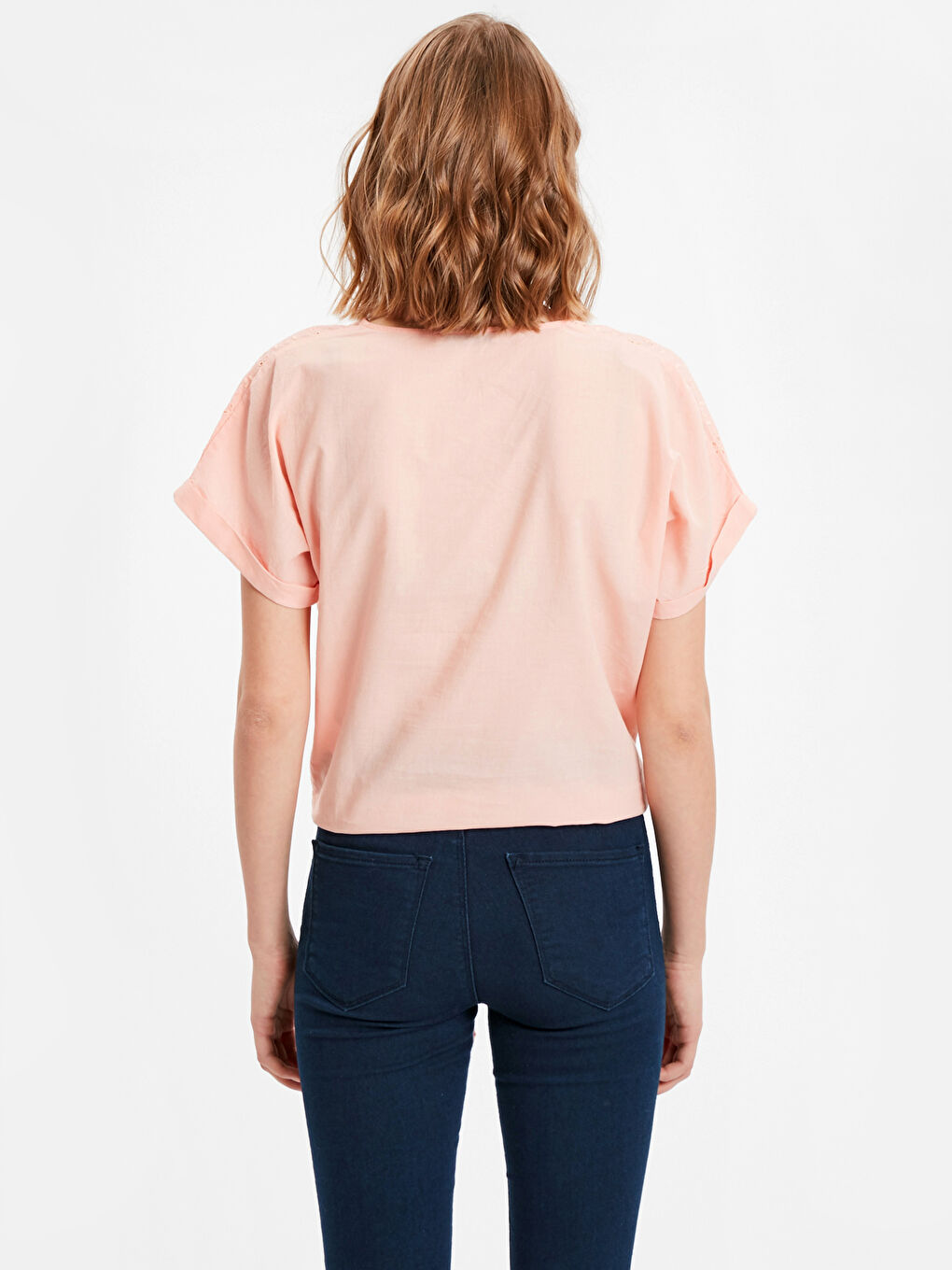 Turuncu V Yaka Standart Fit Kısa Kollu Kadın Bluz-1