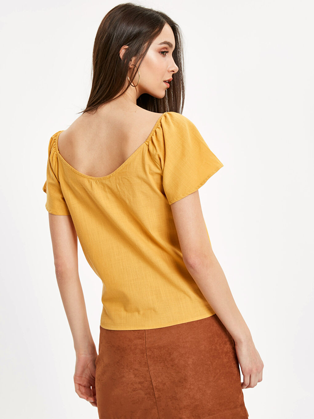 Блузка з V-подібним вирізом, звичайним кроєм і коротким рукавом для жінок-1