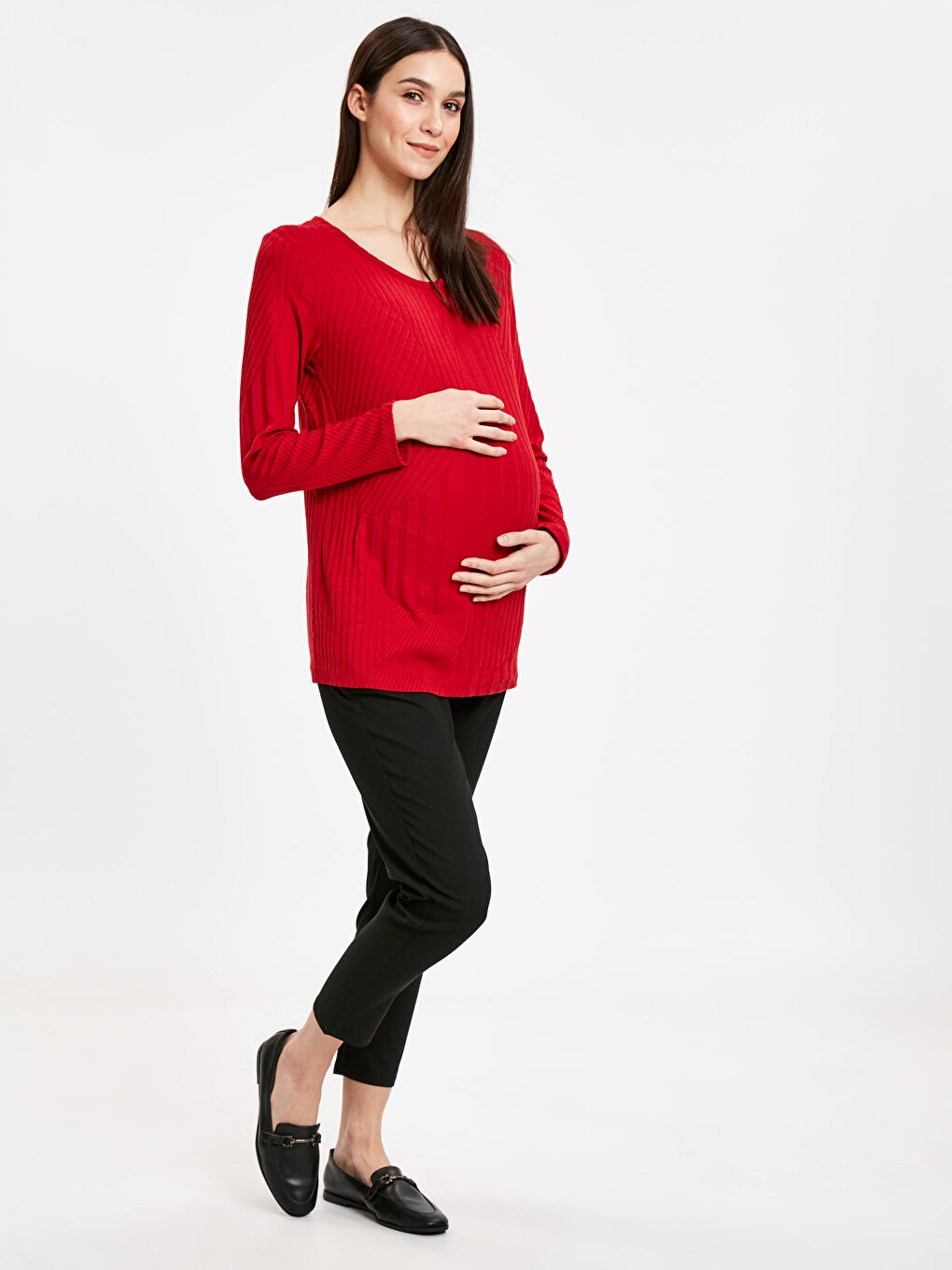 Kırmızı U Yaka Uzun Kollu Penye Esnek Hamile Tişört-6