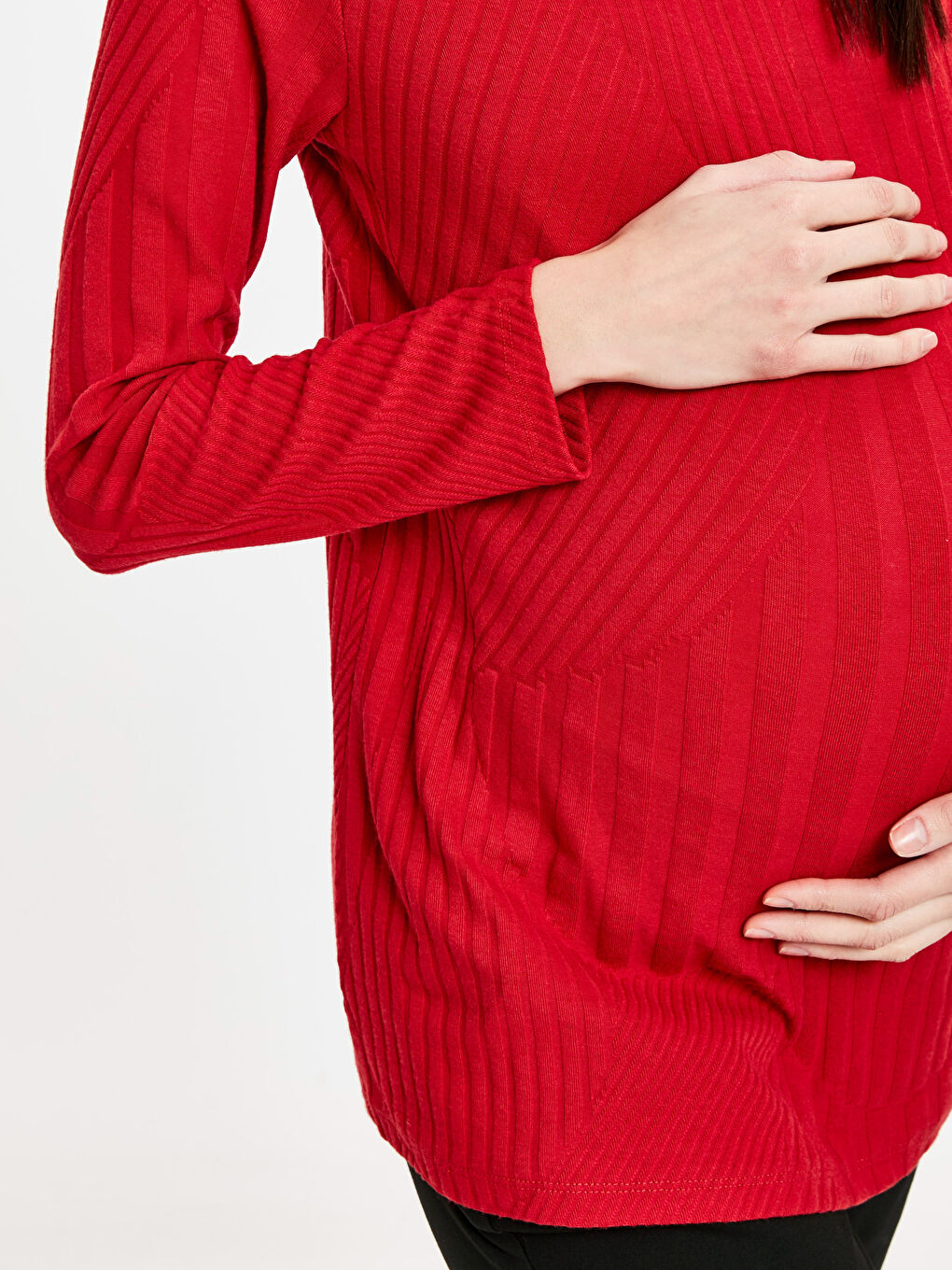 Kırmızı U Yaka Uzun Kollu Penye Esnek Hamile Tişört-7