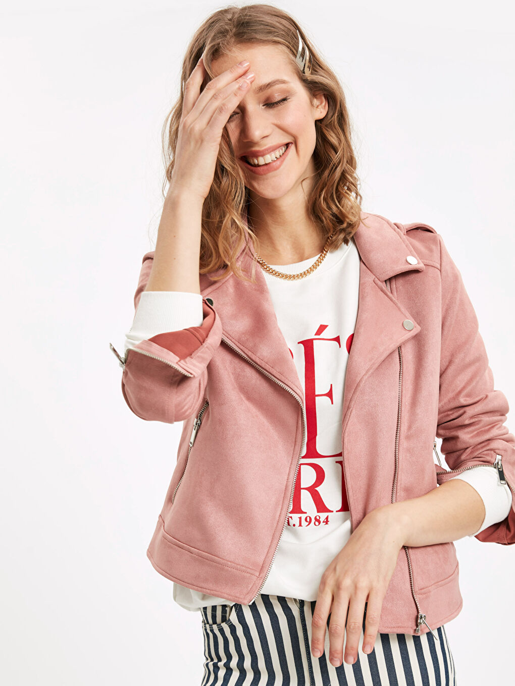 Pastel Pembe Deri Görünümlü Mont