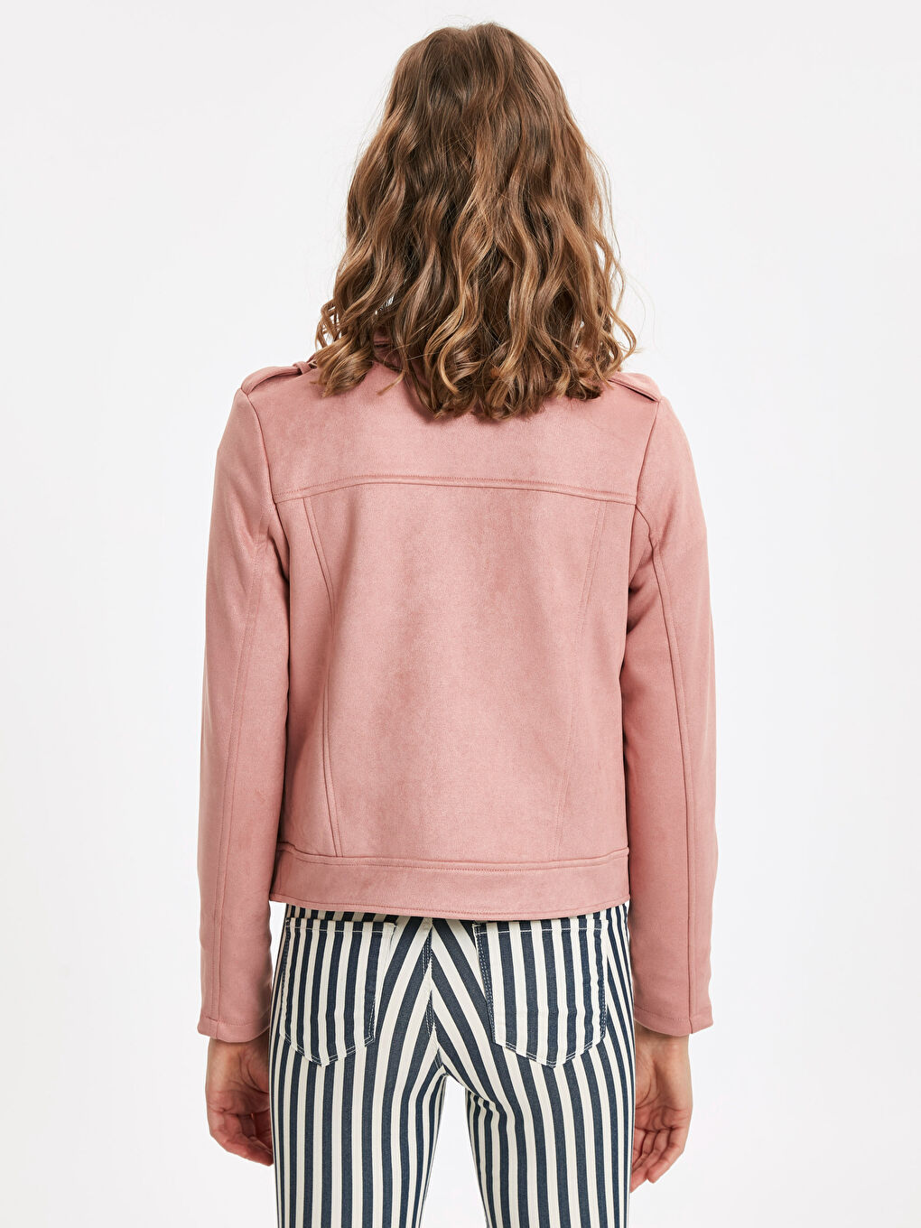 Pastel Pembe Deri Görünümlü Mont-2