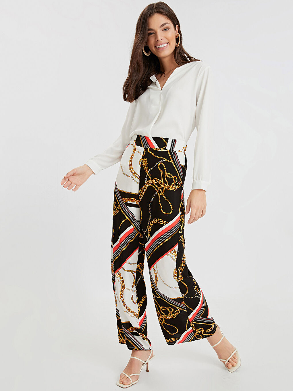 Elastic Waist Figured Palazzo Pants-2