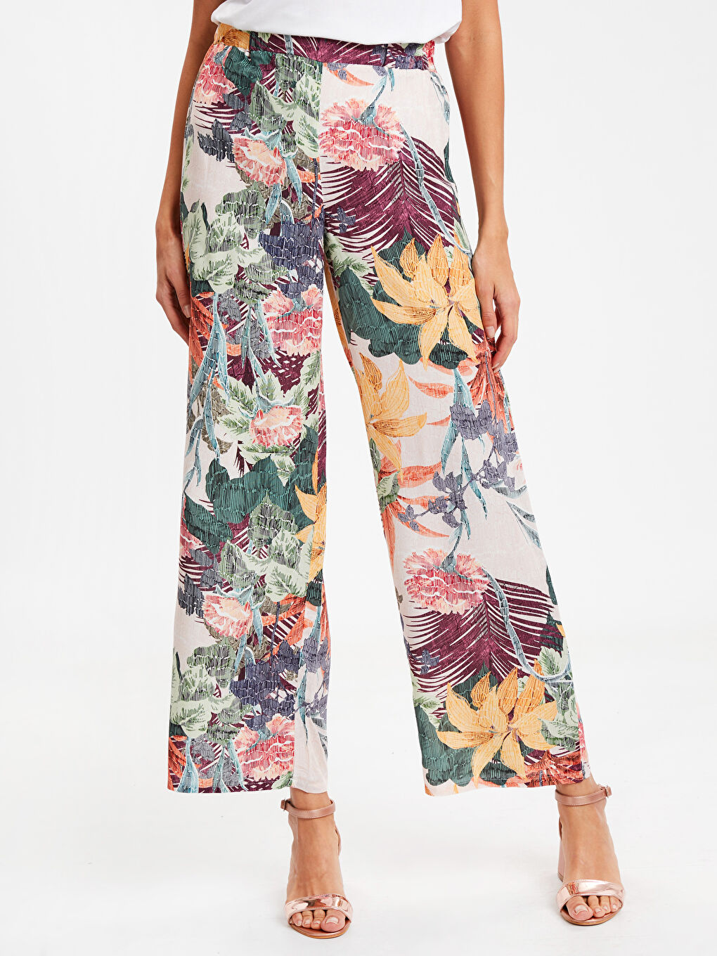 Elastic Waist Figured Palazzo Pants-1