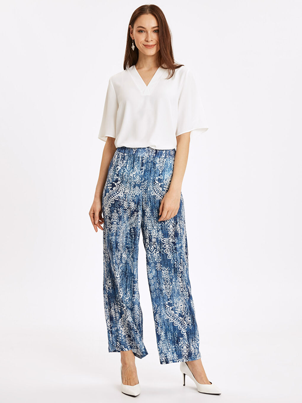 Mavi Beli Lastikli Desenli Palazzo Pantolon