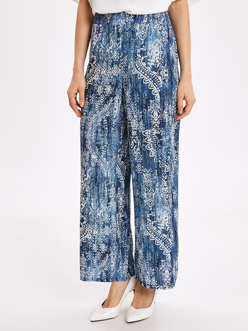 Mavi Beli Lastikli Desenli Palazzo Pantolon-1
