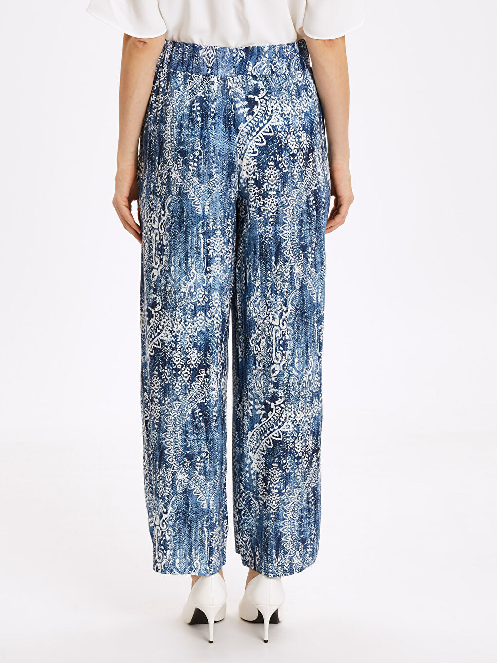 Mavi Beli Lastikli Desenli Palazzo Pantolon-2