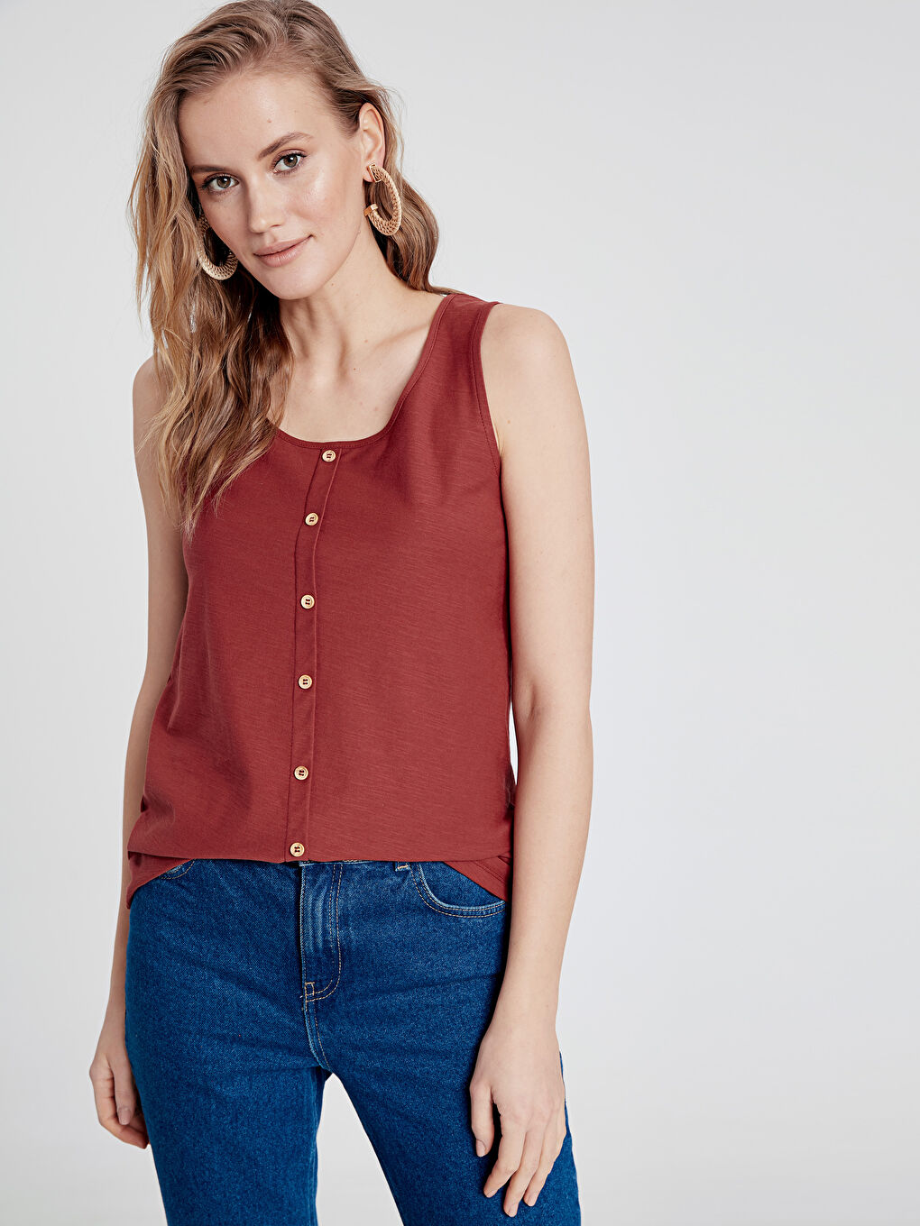 Bordo Kadın U Yaka Düz Atlet-1