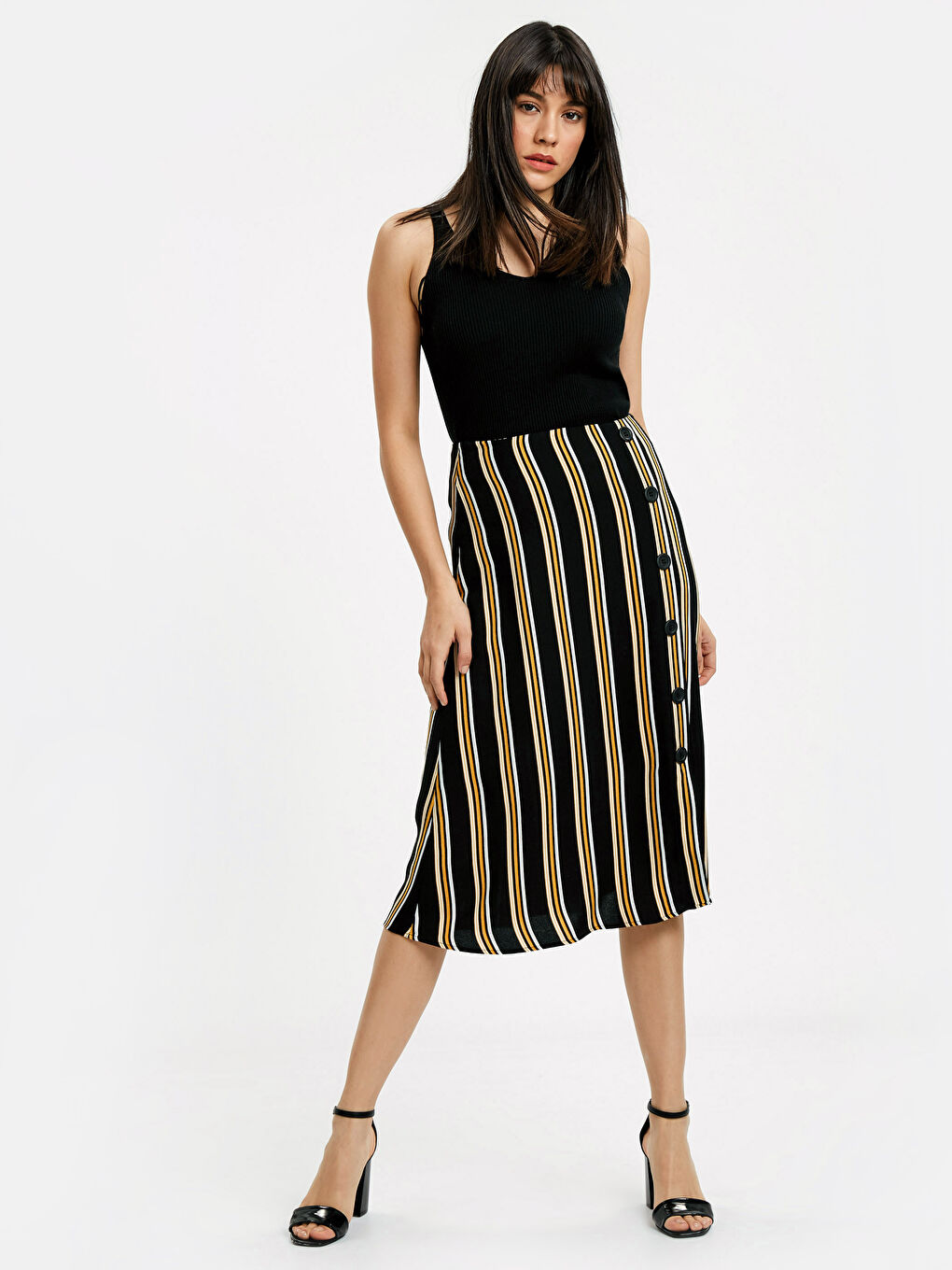 Siyah A Kesim Yandan Düğmeli Çizgili Kadın Etek