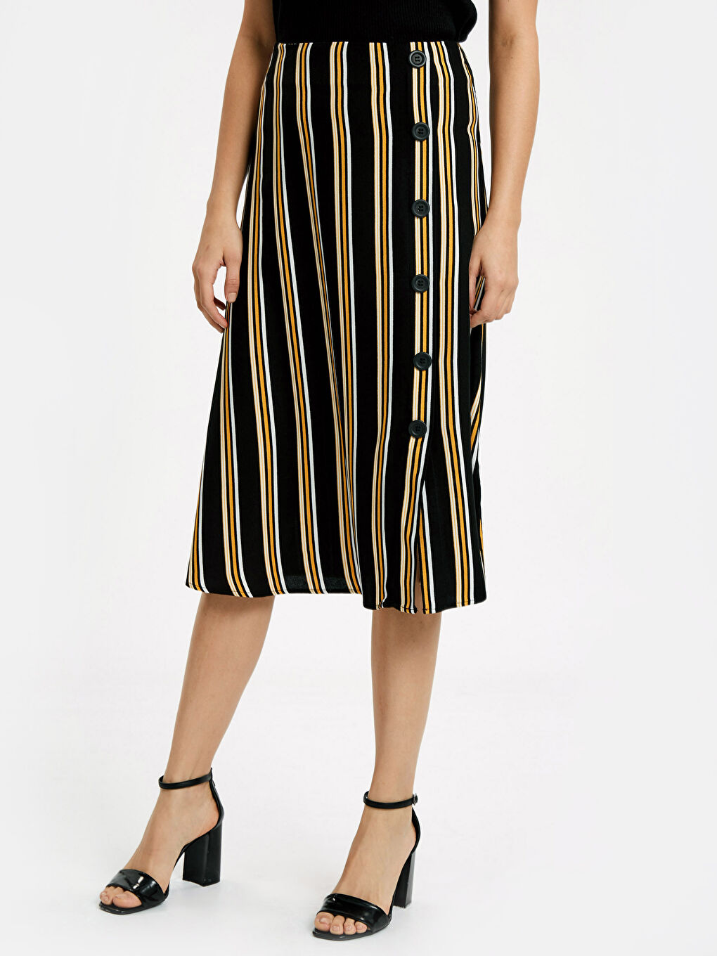 Siyah A Kesim Yandan Düğmeli Çizgili Kadın Etek-1