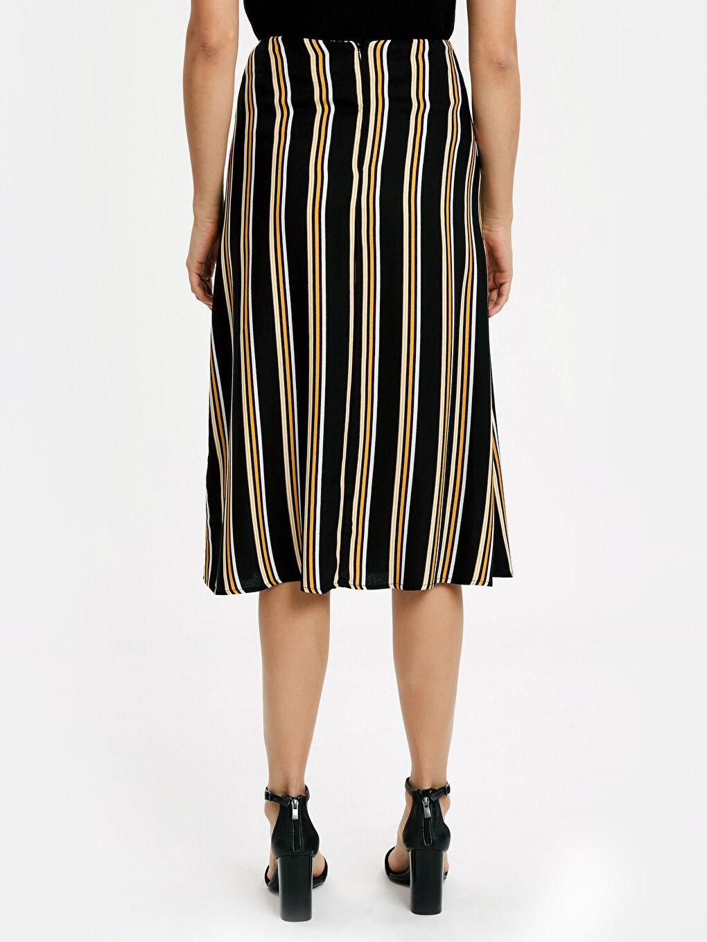 Siyah A Kesim Yandan Düğmeli Çizgili Kadın Etek-2