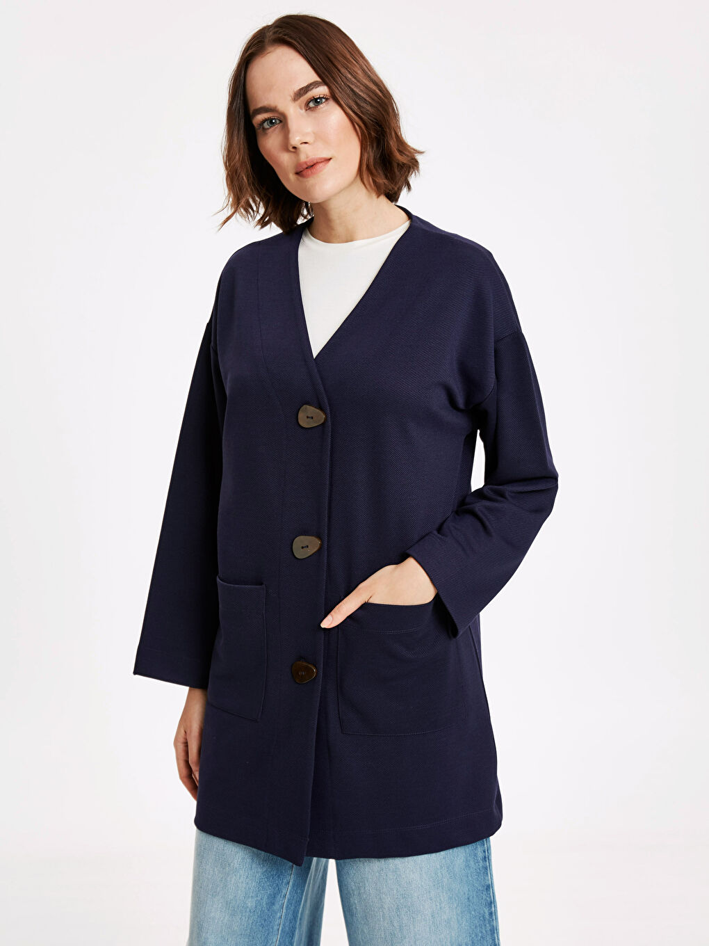 Lacivert Kadın Düğmeli Salaş Hırka