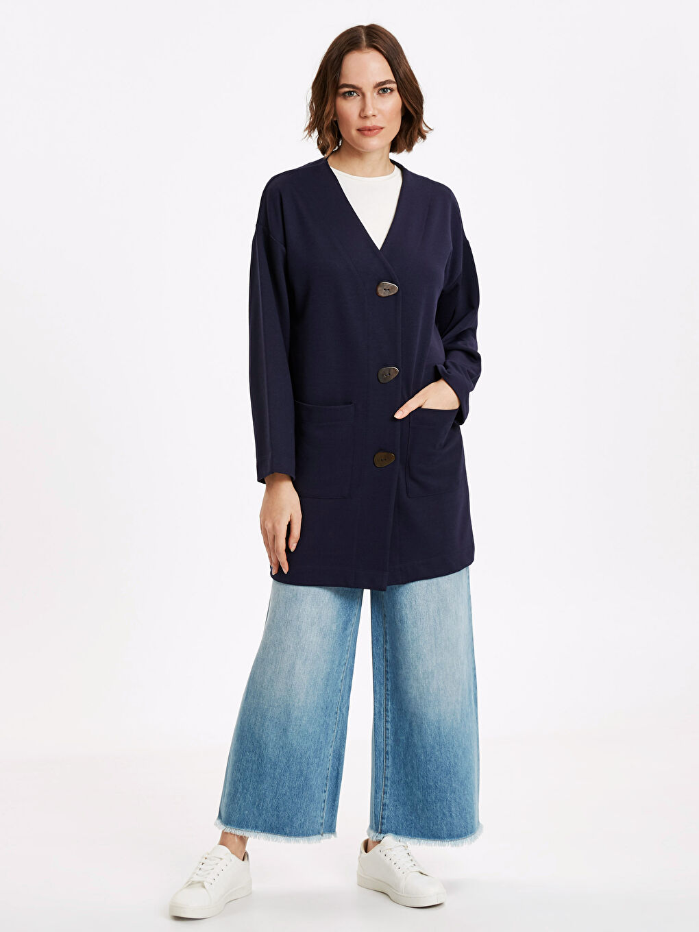 Lacivert Kadın Düğmeli Salaş Hırka-2