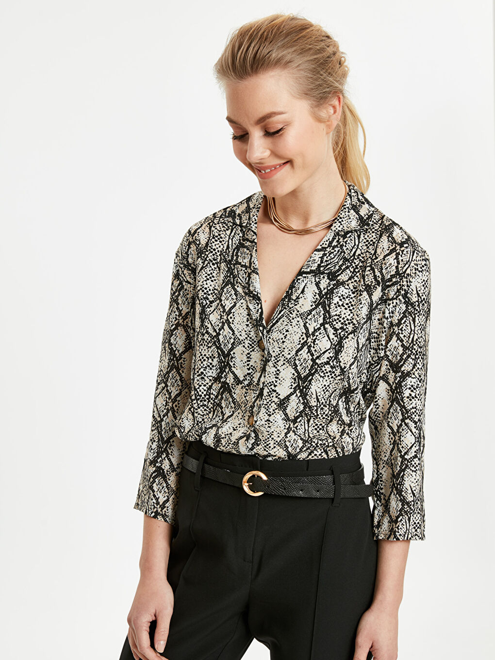 Bej Baskılı Gömlek