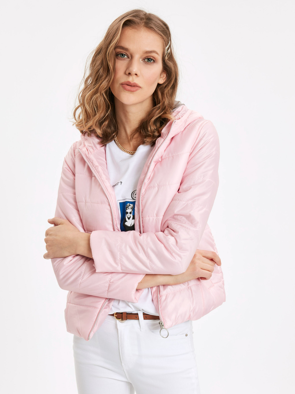 Pembe Kadın Kapüşonlu Düz Şişme Mont