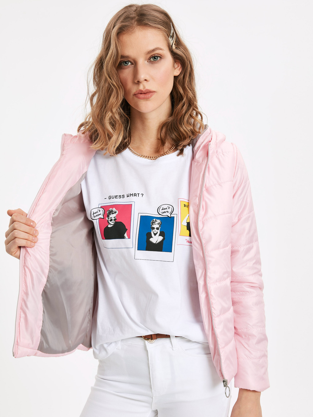 Pembe Kadın Kapüşonlu Düz Şişme Mont-1
