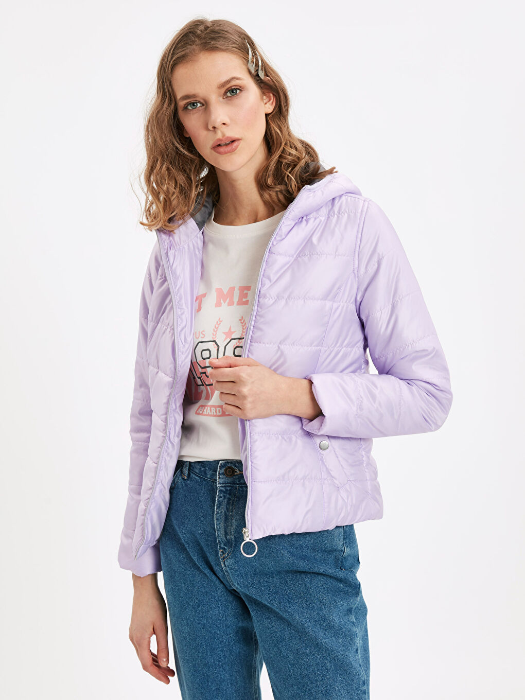 Lila Kadın Kapüşonlu Düz Şişme Mont