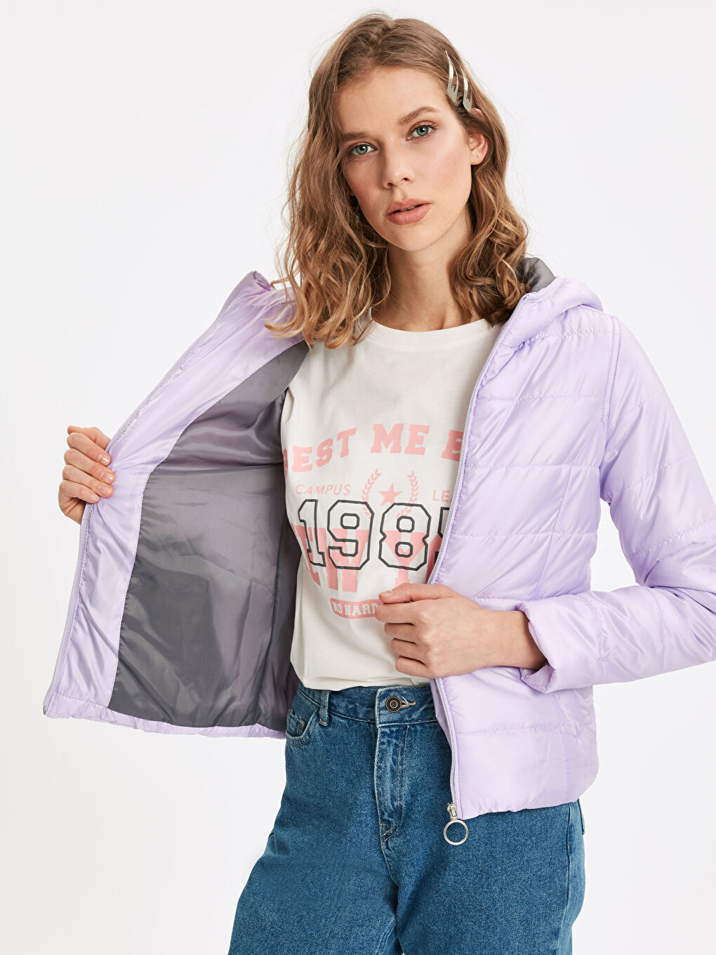 Lila Kadın Kapüşonlu Düz Şişme Mont-1