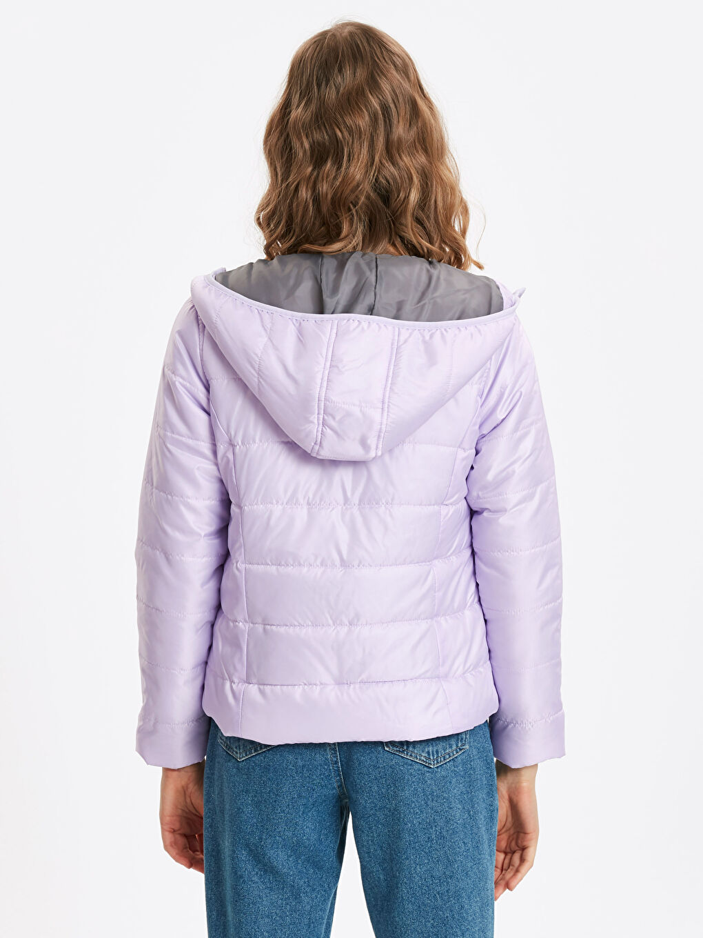 Lila Kadın Kapüşonlu Düz Şişme Mont-2