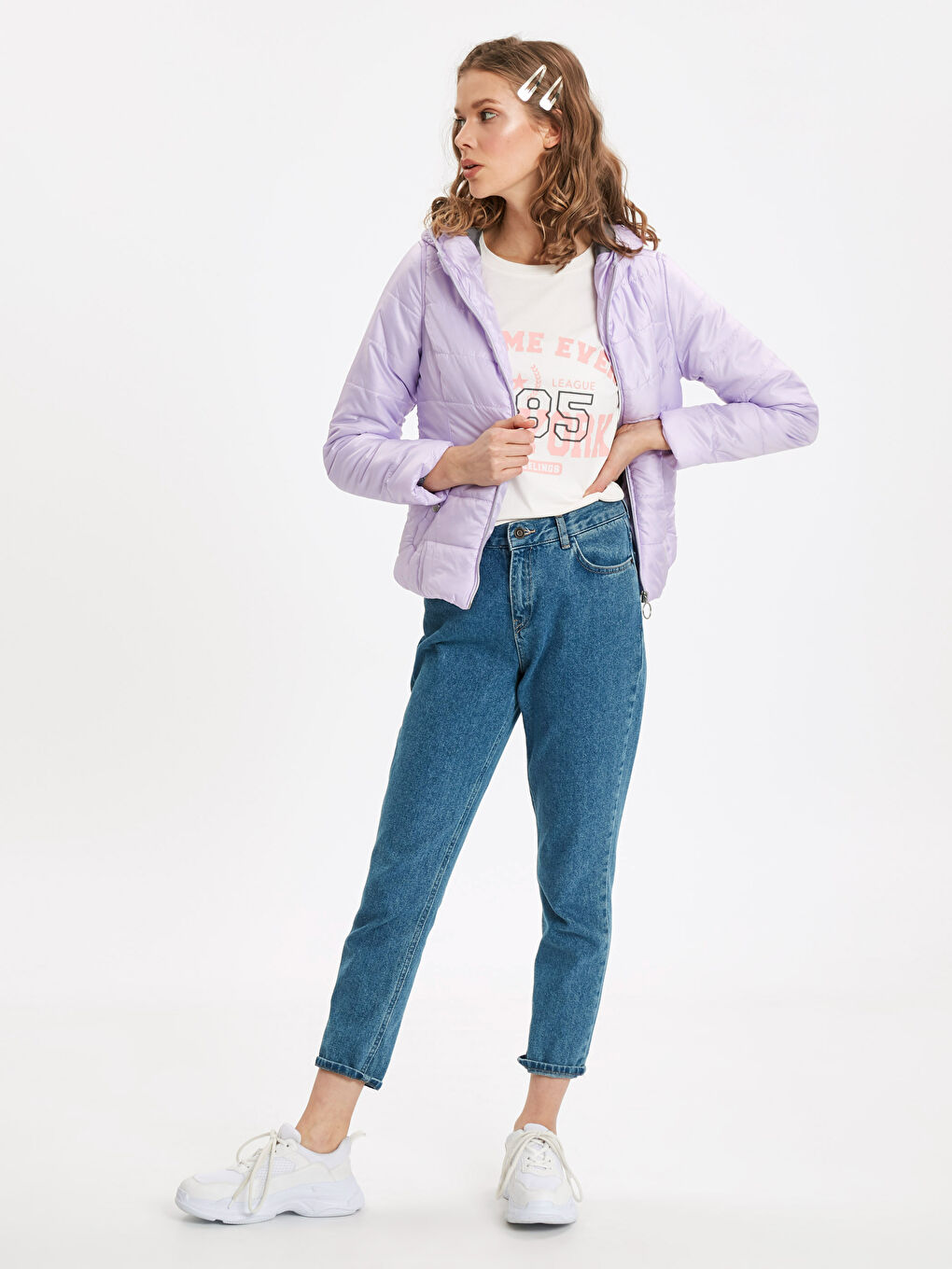 Lila Kadın Kapüşonlu Düz Şişme Mont-3