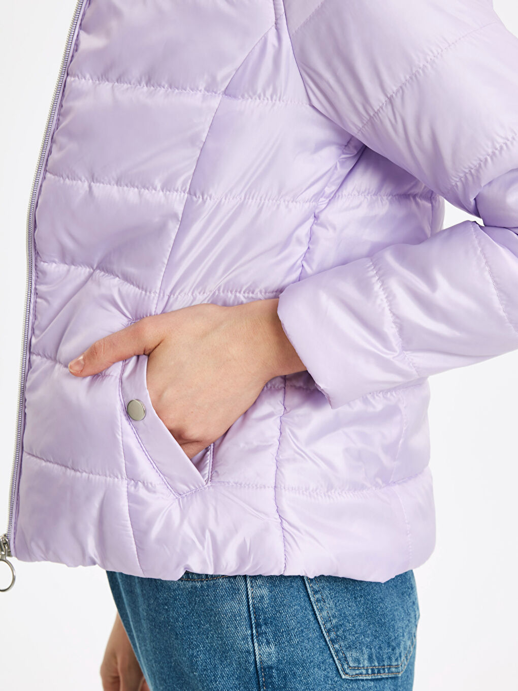 Lila Kadın Kapüşonlu Düz Şişme Mont-4