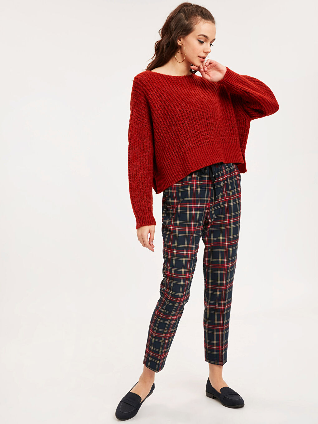 Pantalon Coupe Carotte Écossais Longueur Cheville