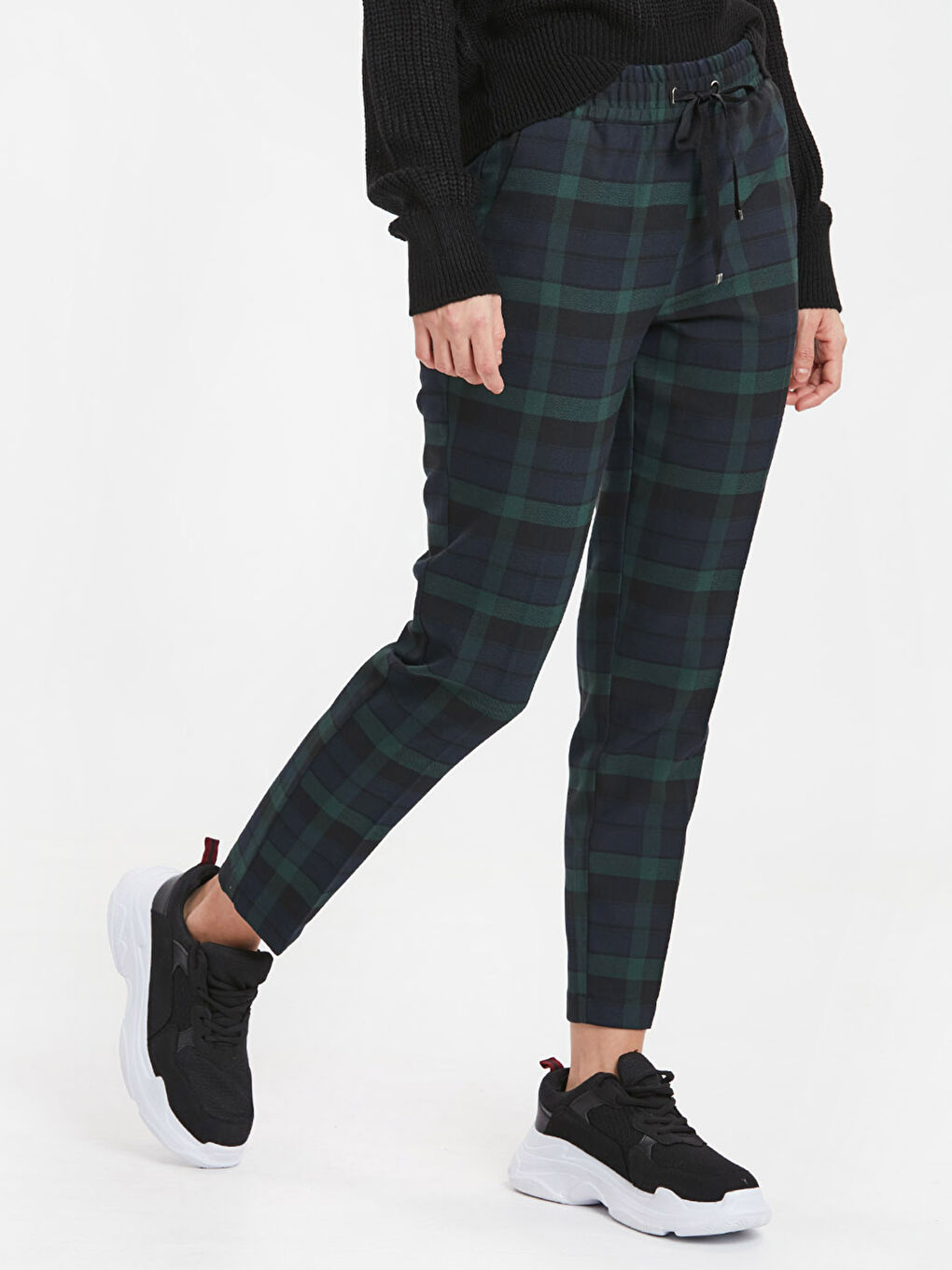 Pantalon Coupe Carotte Écossais Longueur Cheville-1