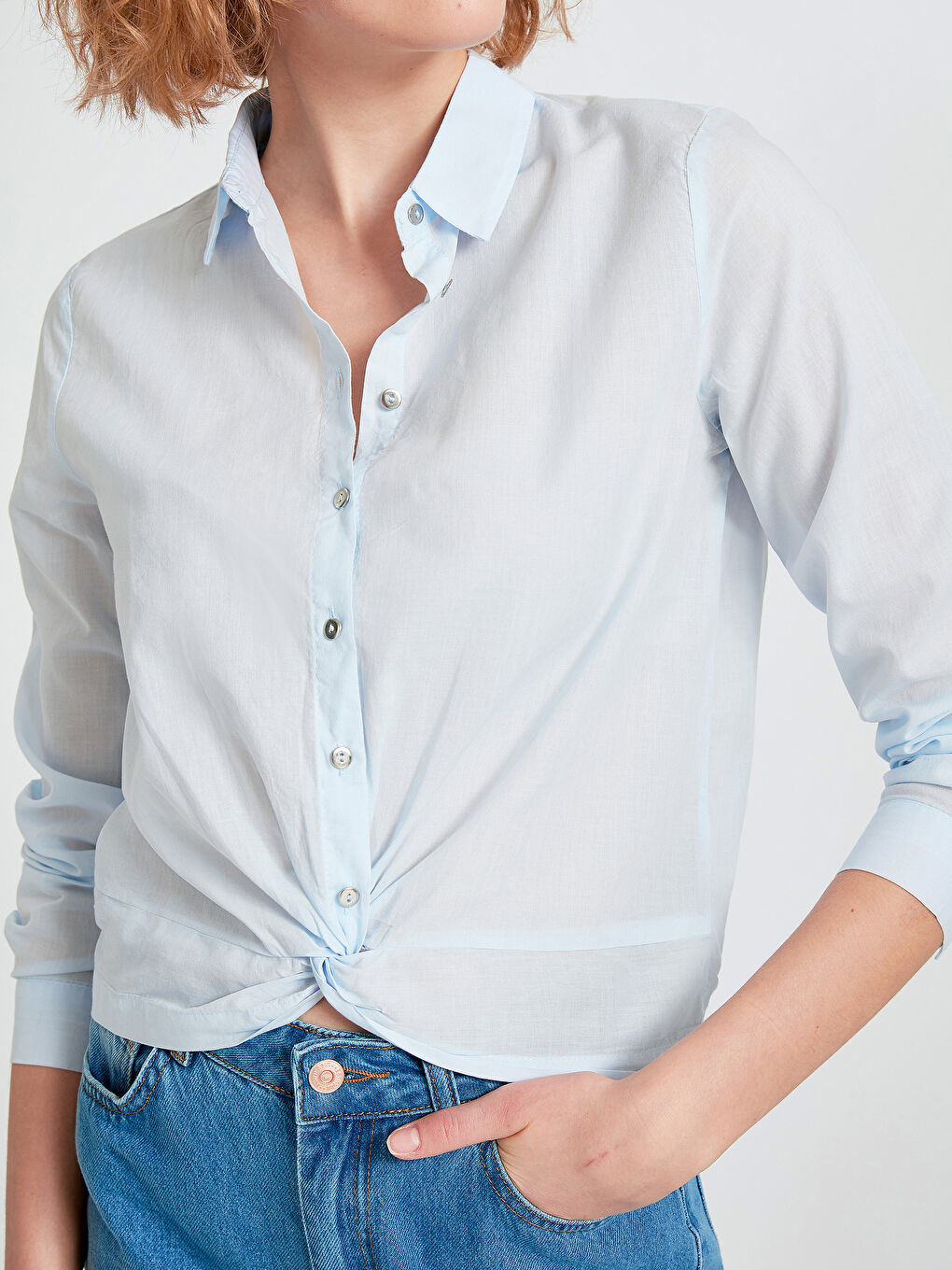 Mavi Önden Düğme Kapamalı Uzun Kollu Kadın Gömlek-3