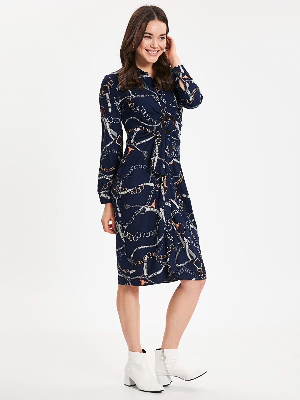 Lacivert Gömlek Yaka Uzun Kollu Kadın Elbise