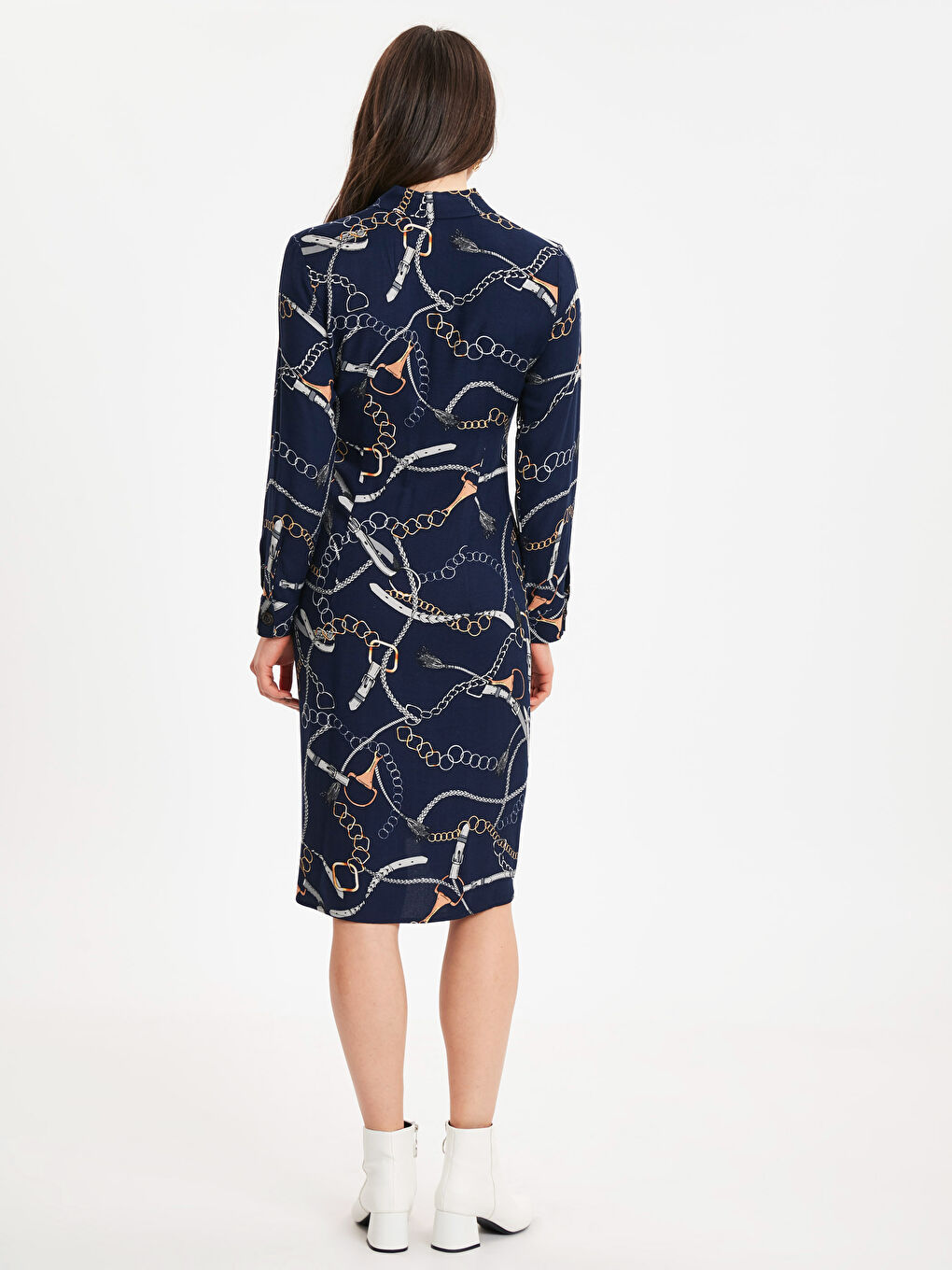 Lacivert Gömlek Yaka Uzun Kollu Kadın Elbise-1