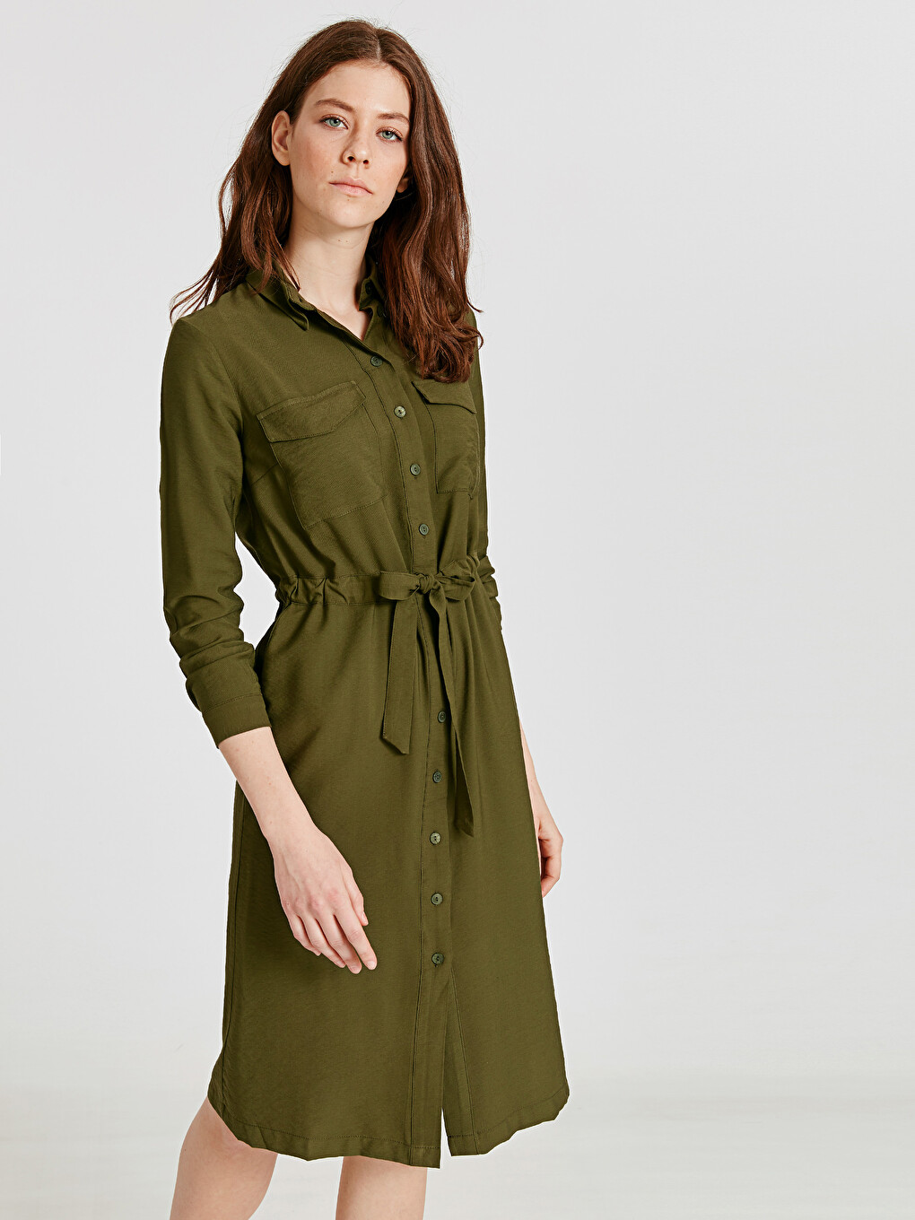 knee length dresses for ladies Shop Women's Khaki Corduroy Cotton Shirt Dress| Showoffff main image 1