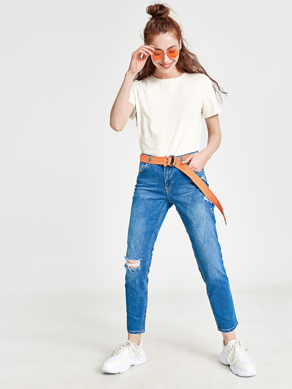İndigo Normal Bel Boyfriend Fit Yırtık Detaylı Kadın Jean Pantolon-1