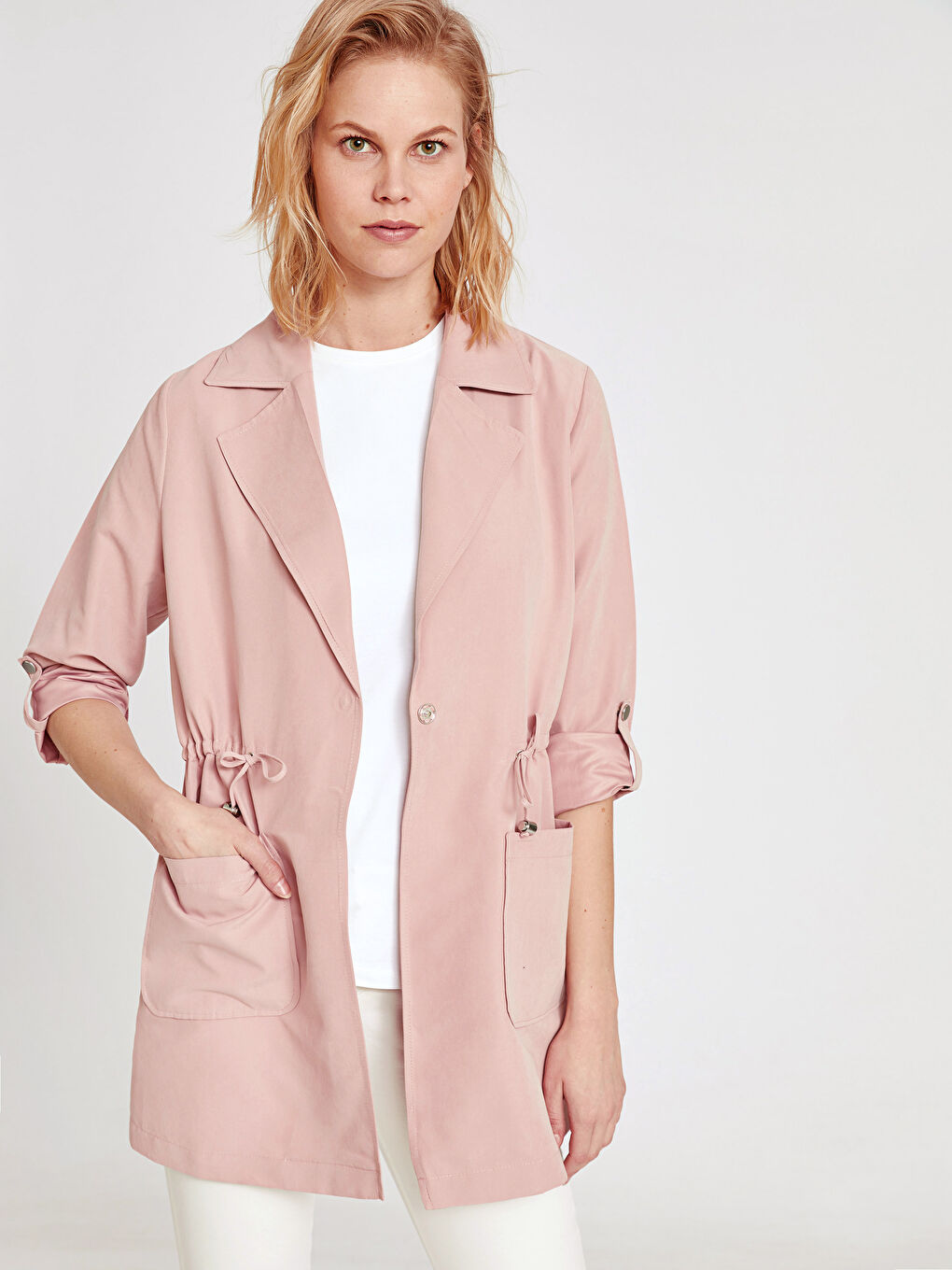 Pembe Ceket Yaka Düz Uzun Kollu Kadın Mont-1