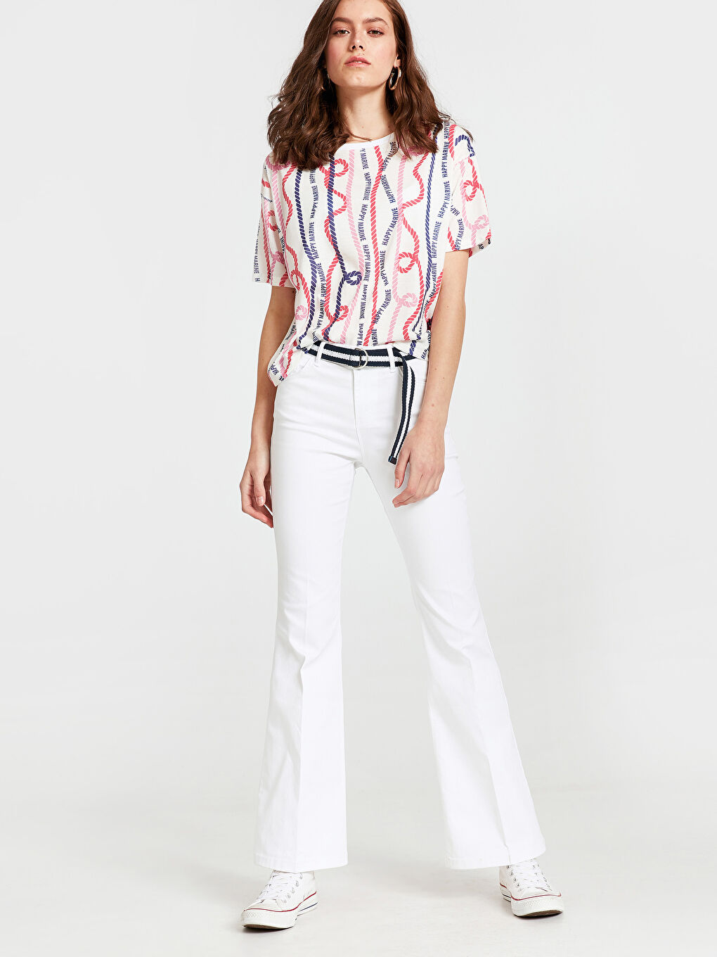 Ekru U Yaka Kısa Kollu Kadın Tişört-2