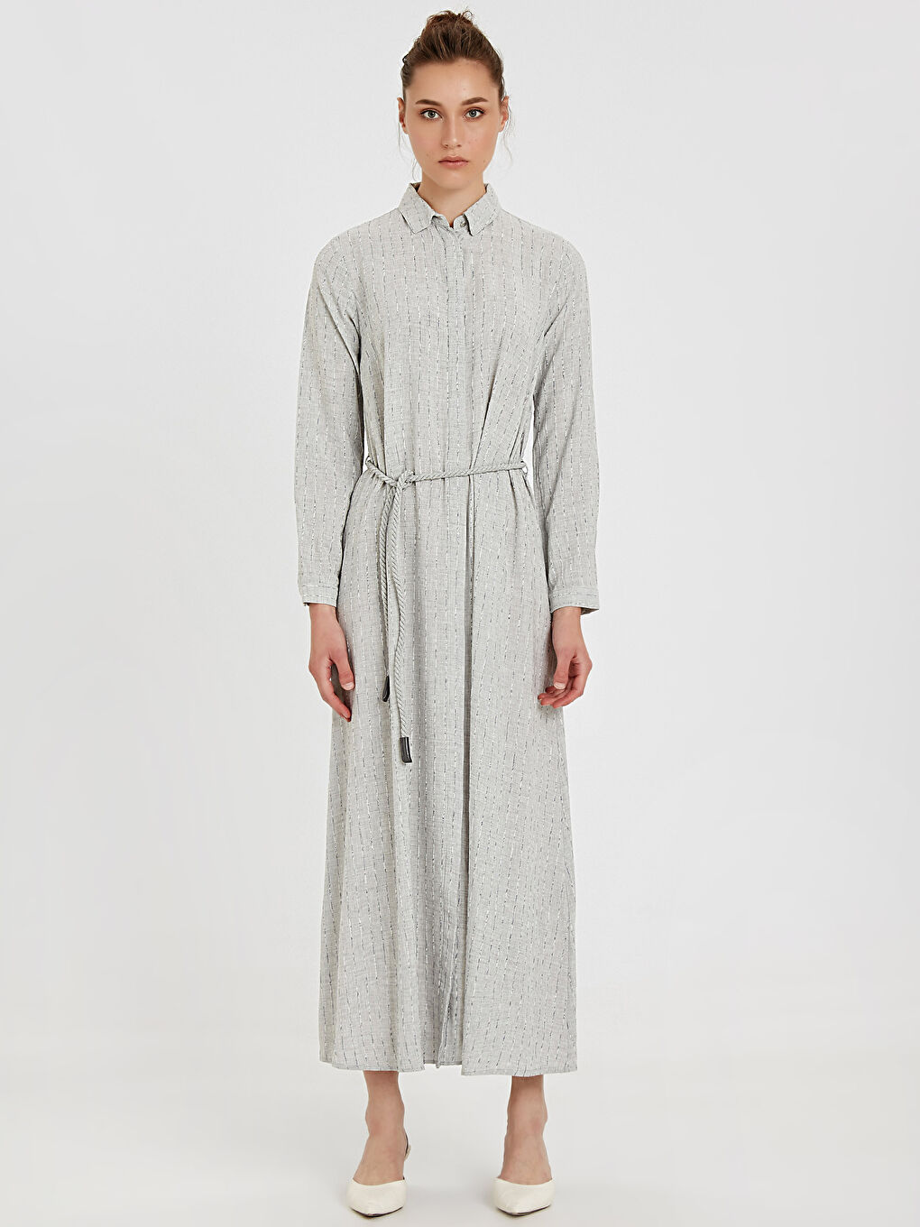 Gri Uzun Kollu Poplin Kadın Gömlek Elbise
