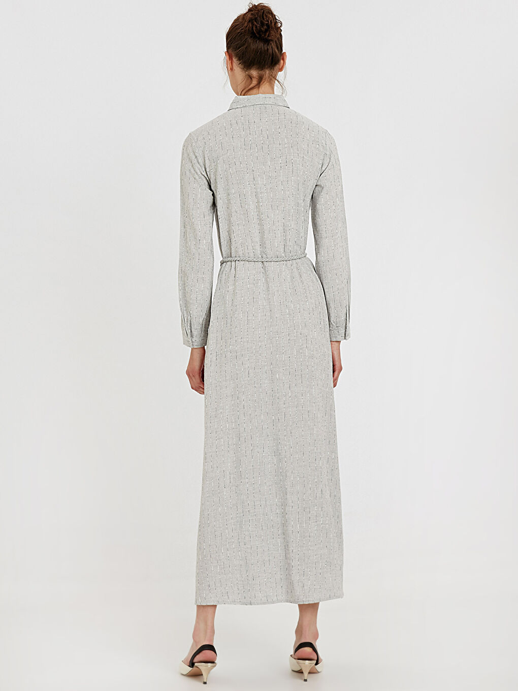 Gri Uzun Kollu Poplin Kadın Gömlek Elbise-1