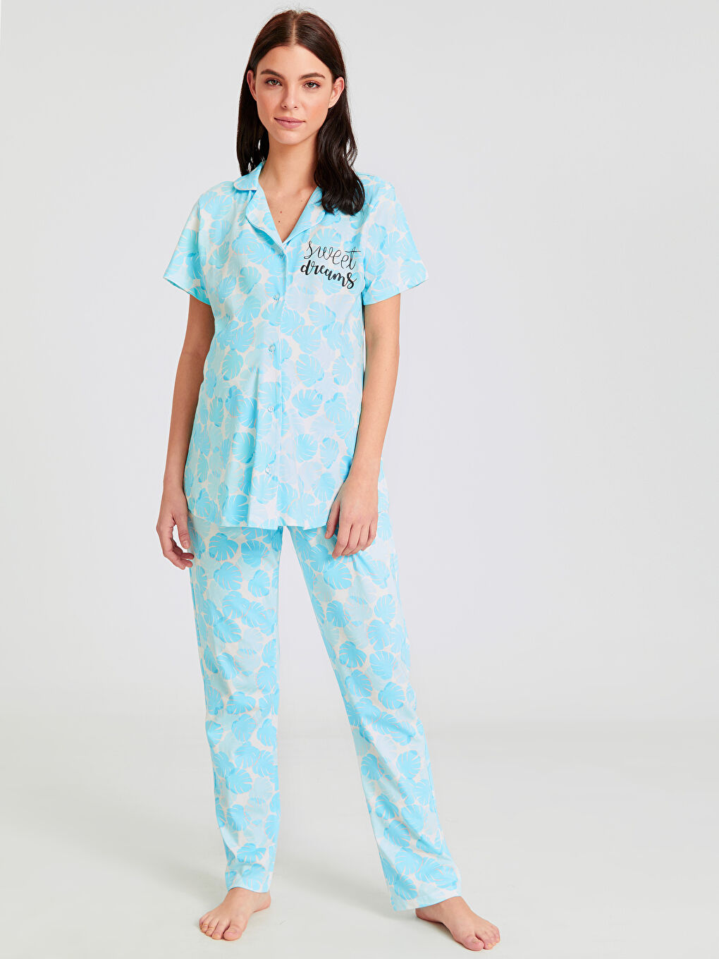 Mavi Gömlek Yaka Kısa Kollu Kadın Pijama Takım