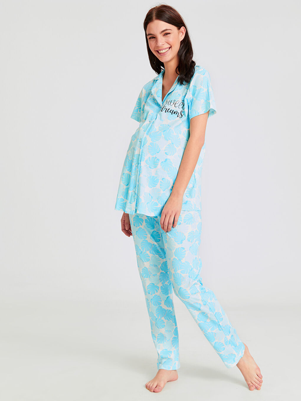 Mavi Gömlek Yaka Kısa Kollu Kadın Pijama Takım-1