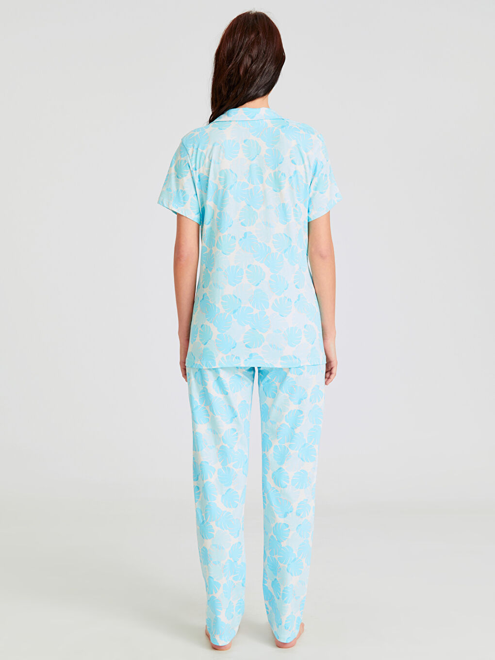 Mavi Gömlek Yaka Kısa Kollu Kadın Pijama Takım-2