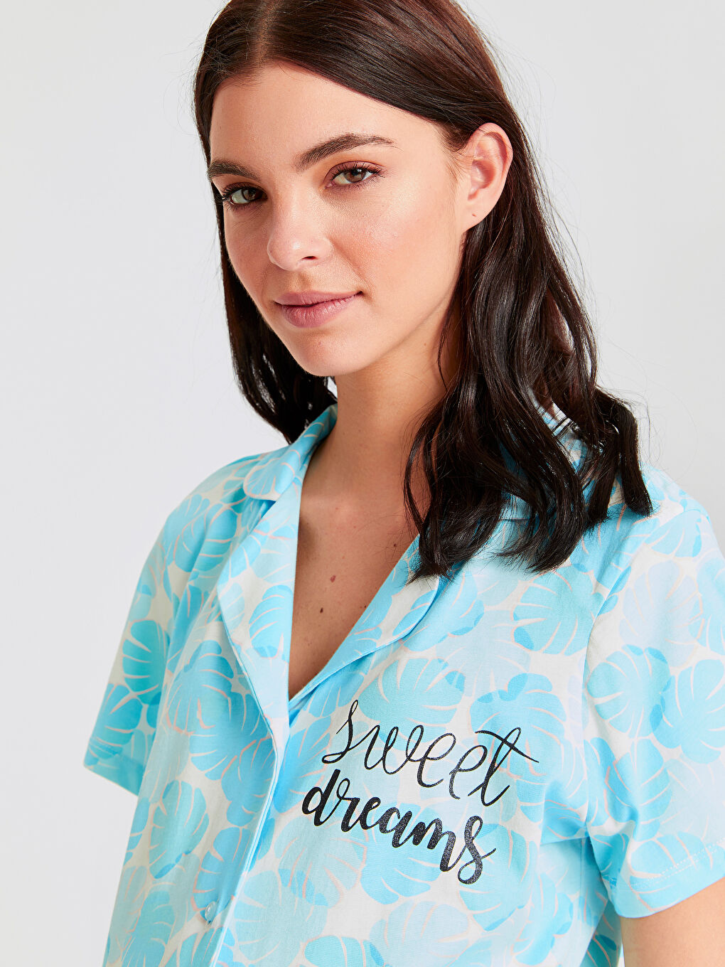 Mavi Gömlek Yaka Kısa Kollu Kadın Pijama Takım-3