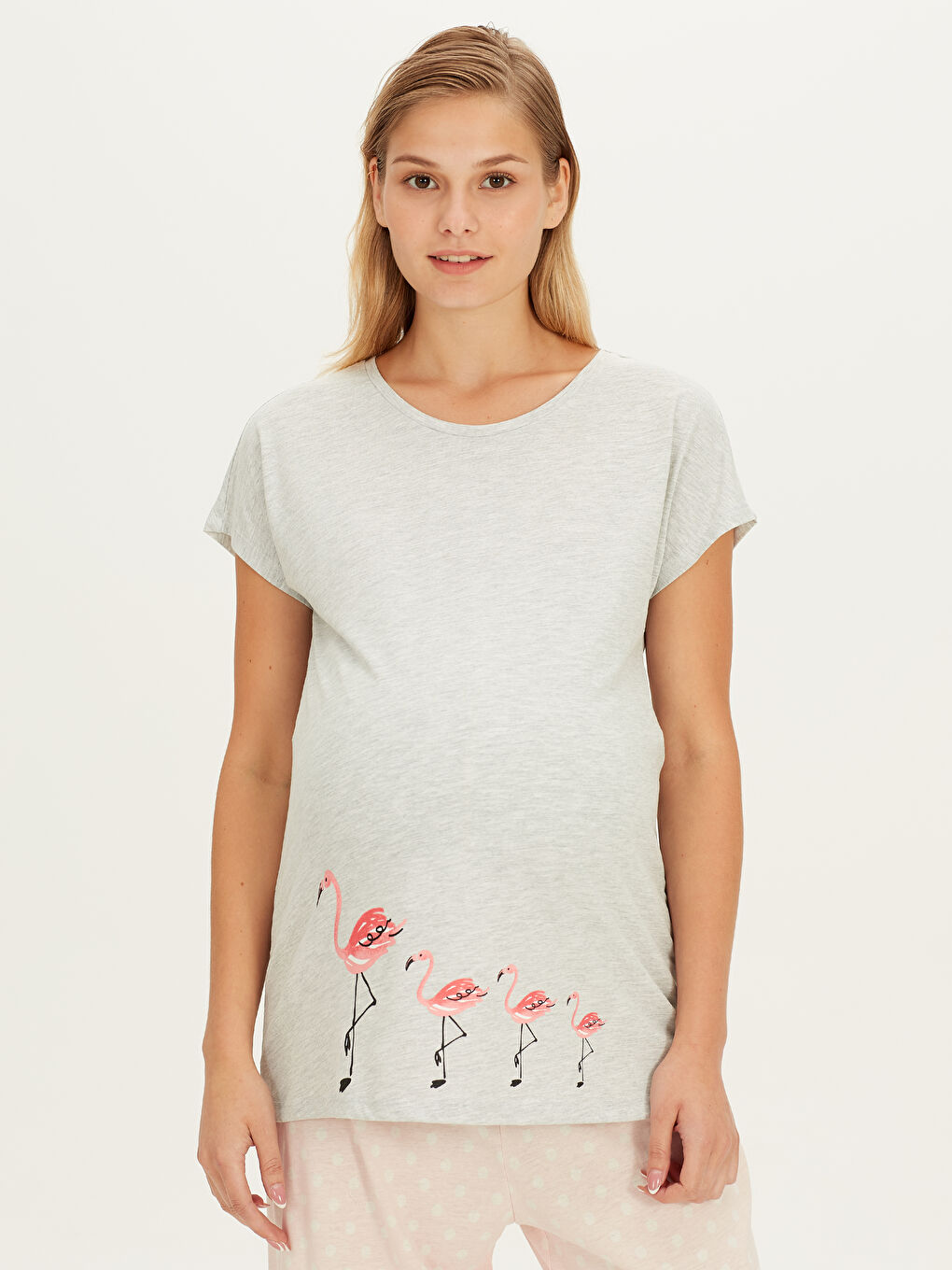 Pembe Bisiklet Yaka Standart Fit Kısa Kollu Penye Kadın Kapri-1